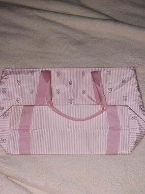 PINK Victoria's Secret Light Pink Striped Tote with Heart Motif